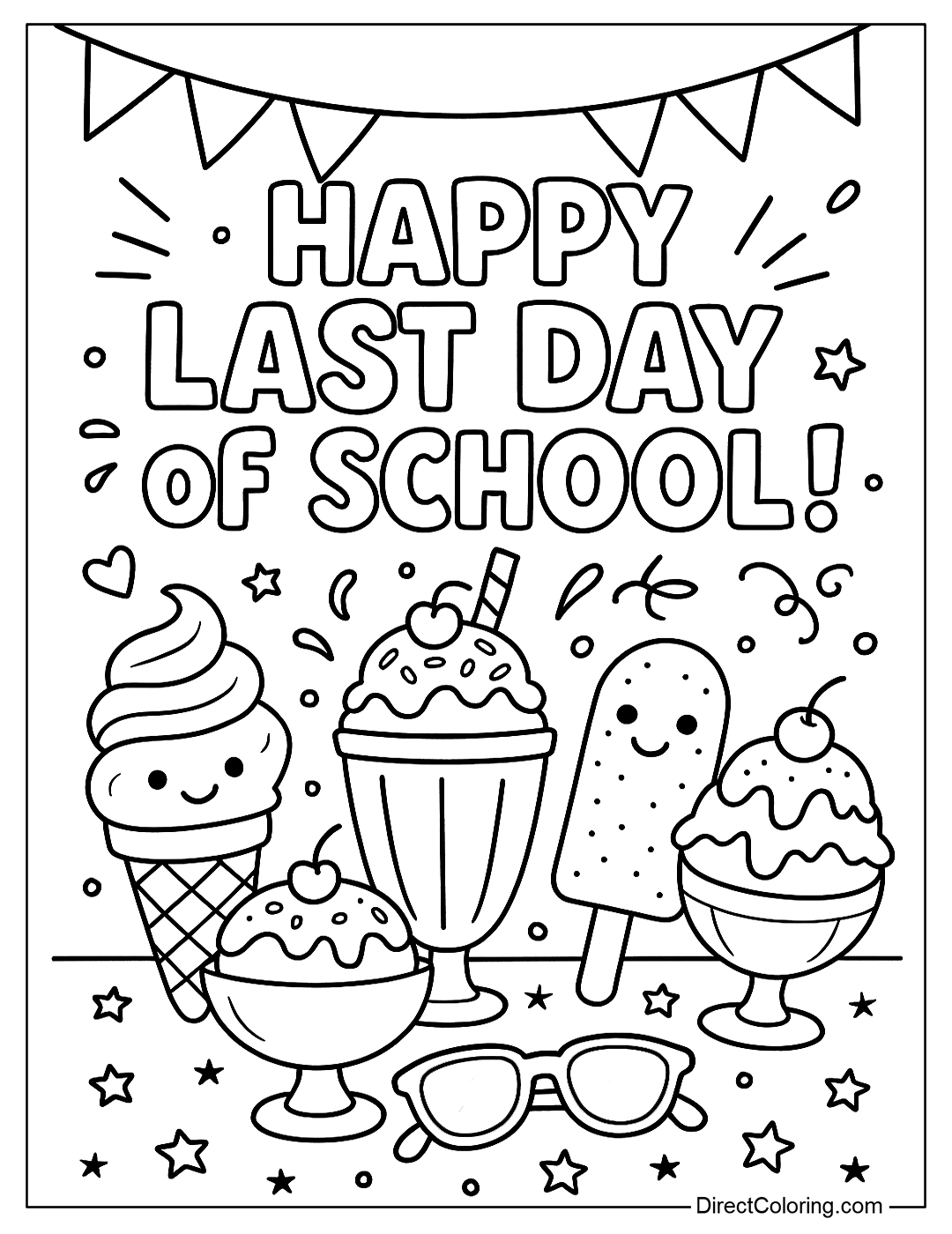 A coloring page of an ice cream party with a banner that says “Happy Last Day of School!”.